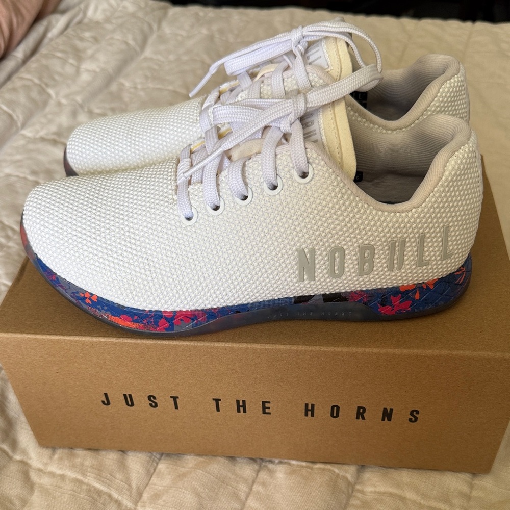 NOBULL White Knit Sneakers with Blue and Pink Floral Midsole